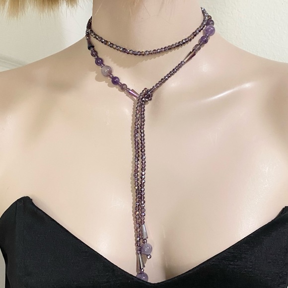 Handmade Amethyst Stone AB Purple Crystal Beads Lariat 40” Necklace - Picture 3 of 16